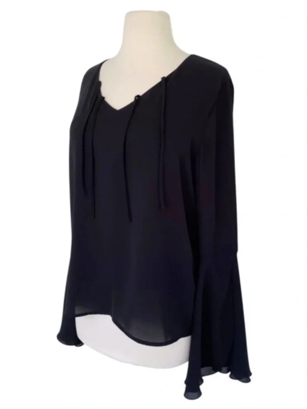 (13) Carmen Marc Valvo V Neck Split Bell Sleeve Blouse Black Medium - Picture 8 of 11